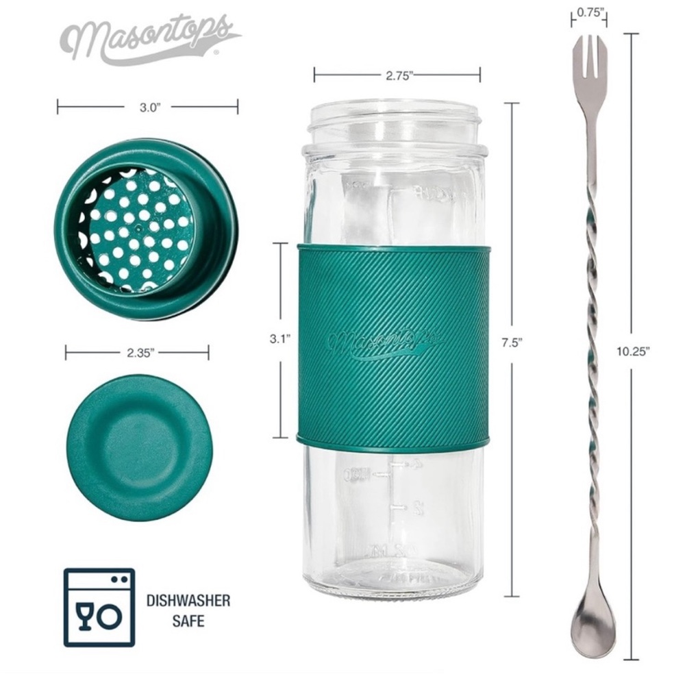Masontops Cocktail Shaker Set – Glass Mason Jar Drink Shaker – 4 PC Set Teal